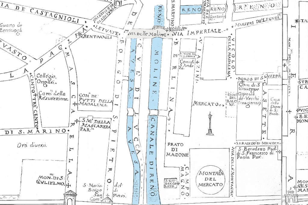 Mappa storica di Bologna sec. XVII–XVIII con il Canale di Reno evidenziato in blu lungo Via delle Moline