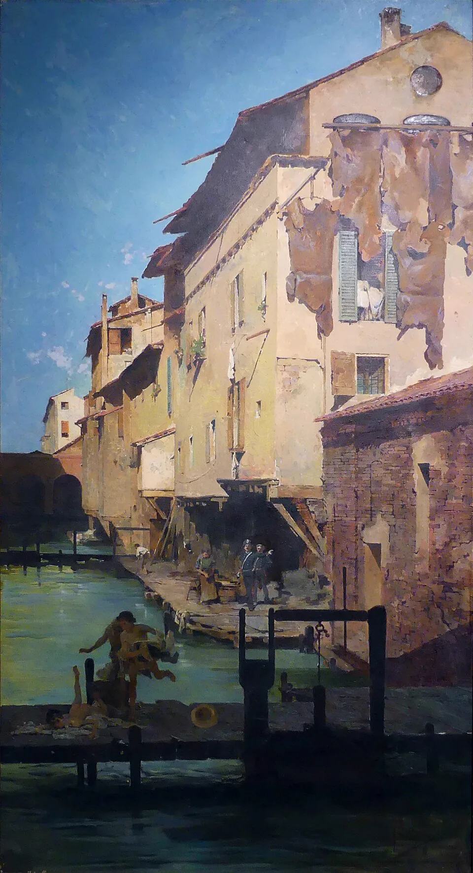 Raffaele Faccioli, The tanneries of Via Capo di Lucca — historic painting of Bologna