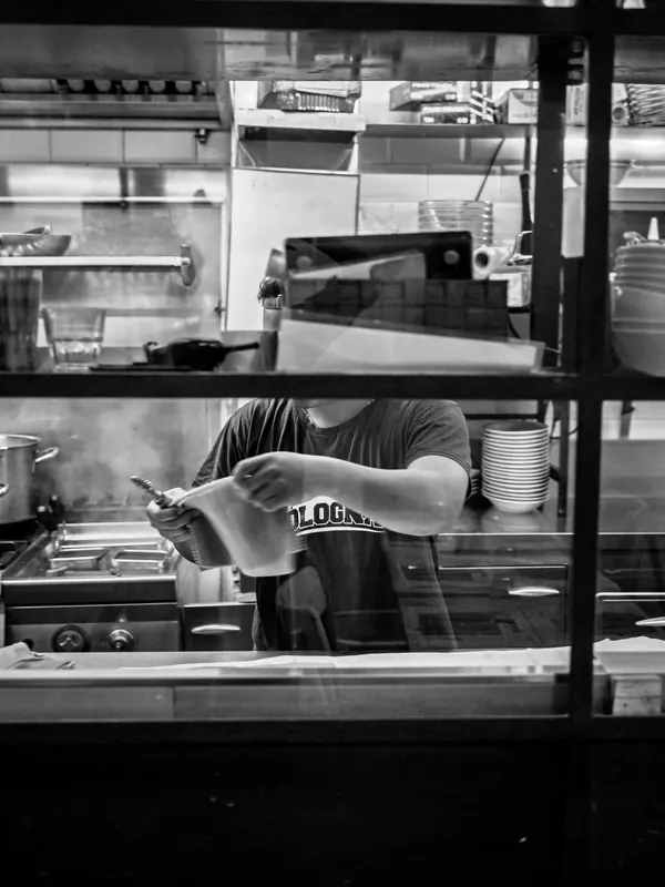 Dishes at the pass in Le Moline's kitchen, continuous service