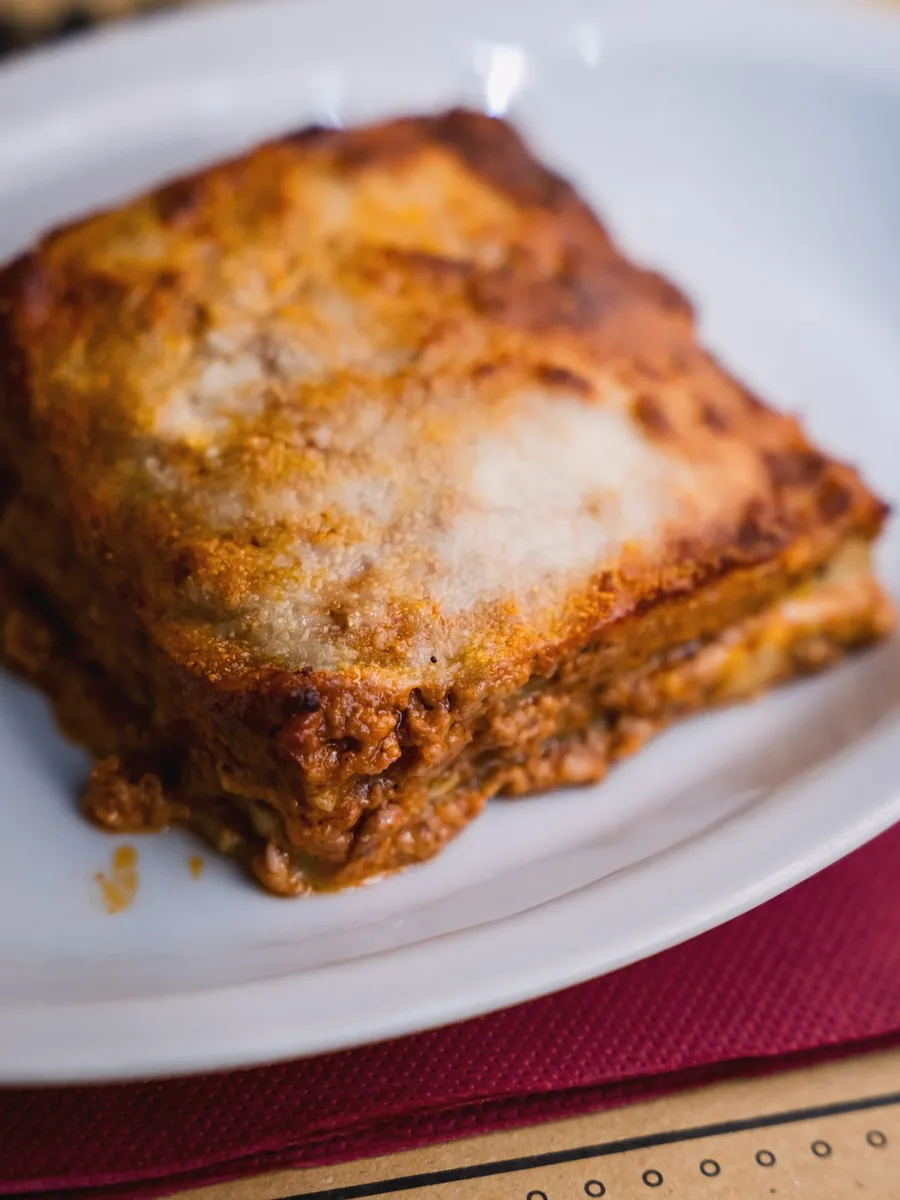 Lasagne alla bolognese with green pasta served at Le Moline osteria in Bologna